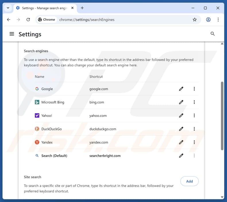 Removing searcherbright.com from Google Chrome default search engine