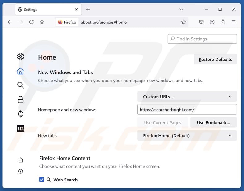 Removing searcherbright.com from Mozilla Firefox homepage