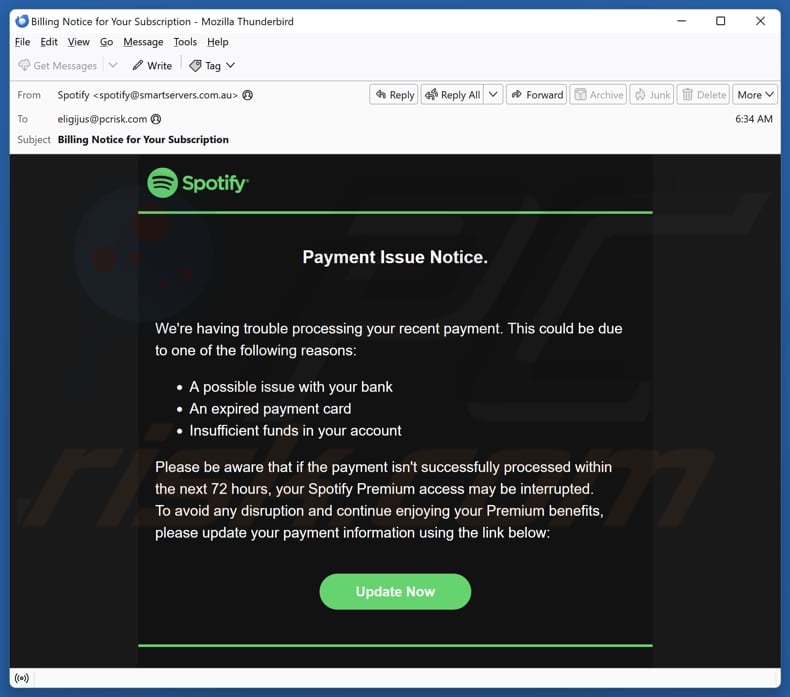 Spotify Payment Issue Notice email spam campaign