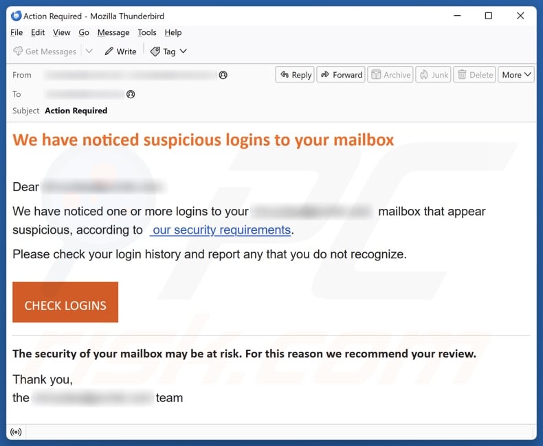 Suspicious Logins To Your Mailbox email spam campaign