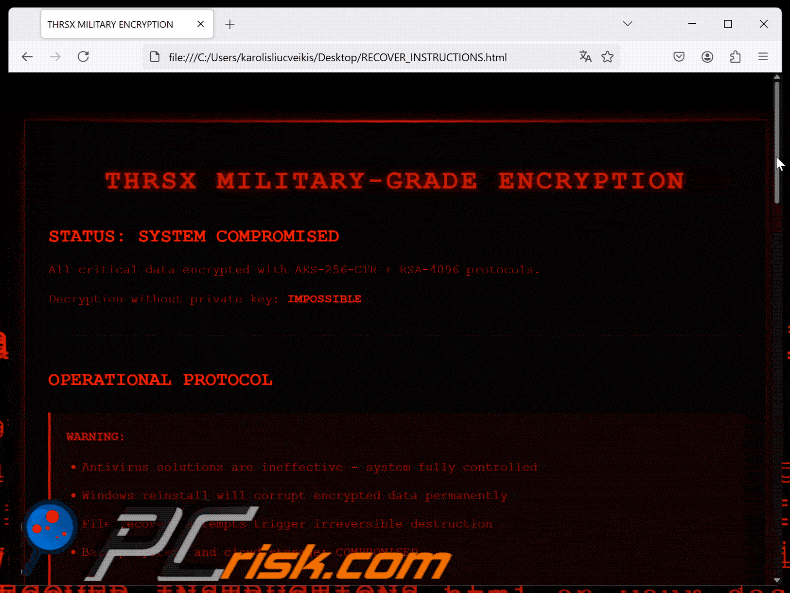 THRSX ransomware ransom note (RECOVER_INSTRUCTIONS.html)