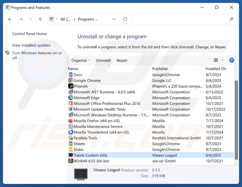 Traiolx Custom Utils uninstall via Control Panel