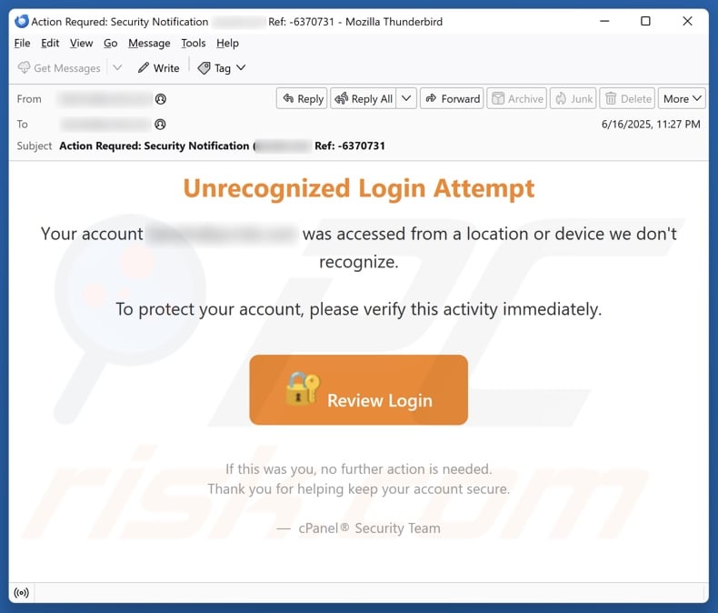 Unrecognized Lоgіn Attempt email spam campaign