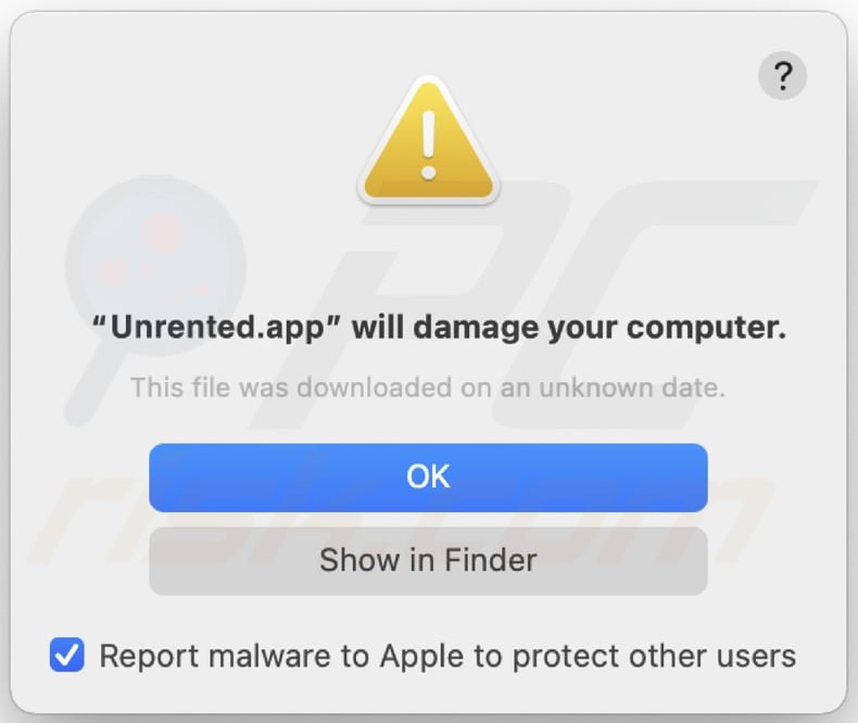 Pop-up displayed when Unrented.app adware is detected on the system