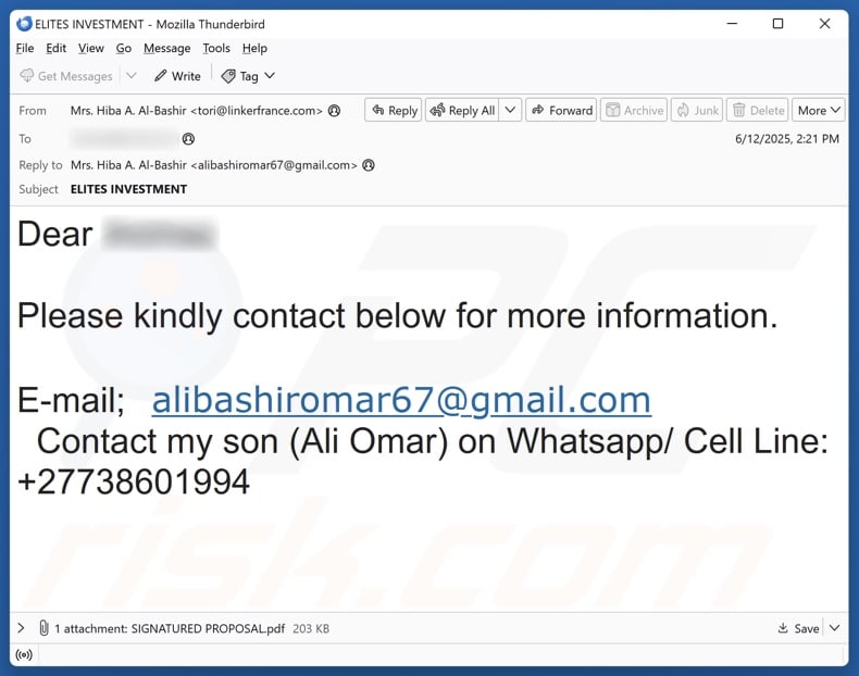 Urgent Investment Arrangement scam email