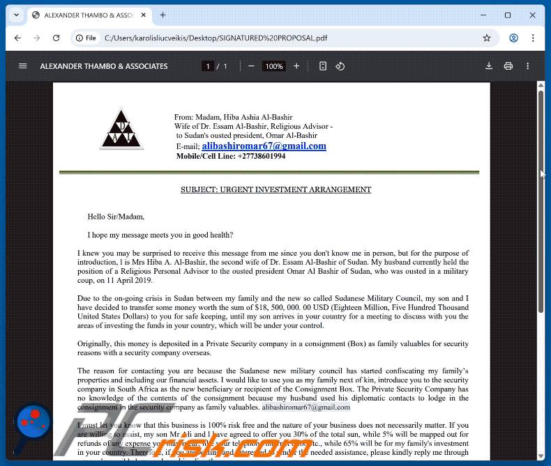 Urgent Investment Arrangement scam email attachment (SIGNATURED PROPOSAL.pdf) GIF