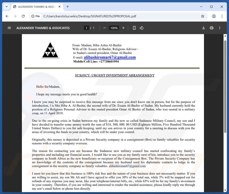 Urgent Investment Arrangement spam email attachment (SIGNATURED PROPOSAL.pdf)