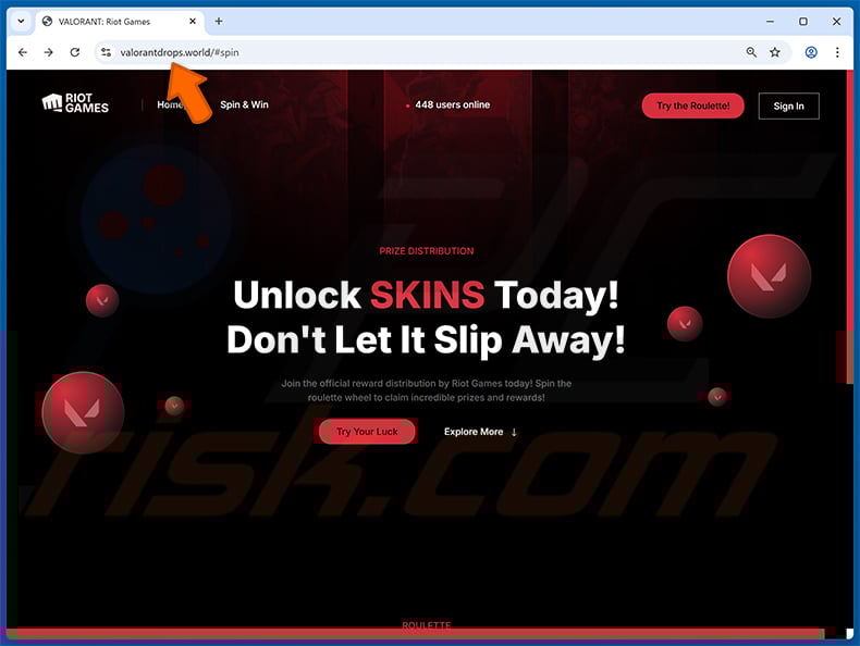 Valorant skin giveaway scam website (valorantdrops[.]world)