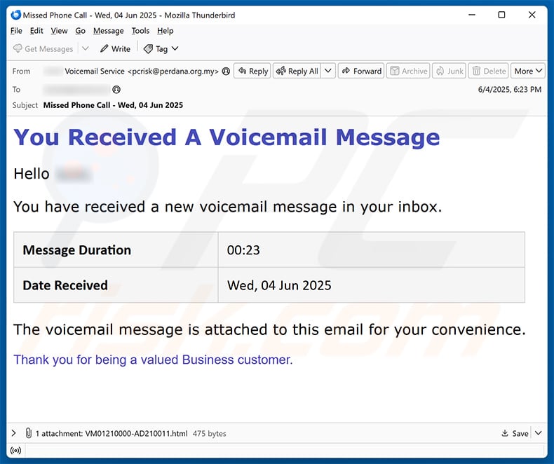 Voicemail Message Received email scam (2025-06-06)