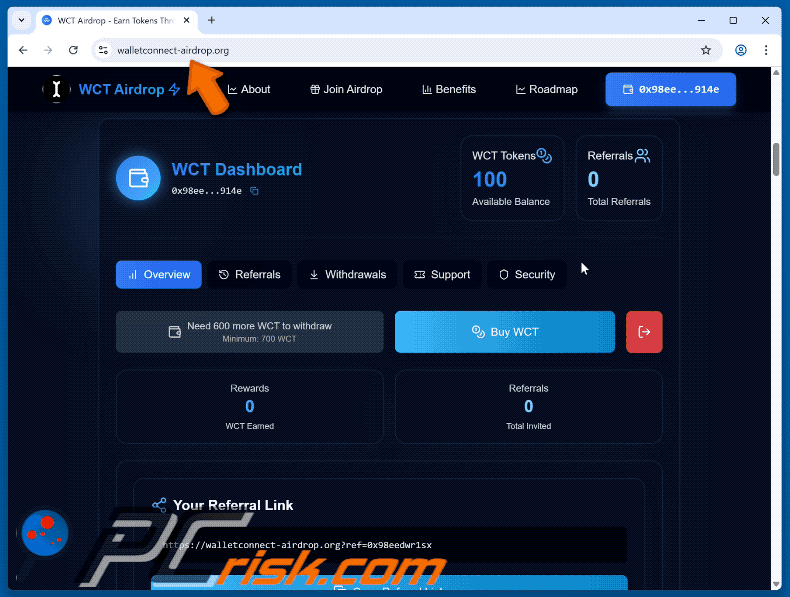 Appearance of WalletConnect Token (WCT) Airdrop scam (GIF)