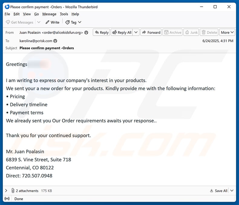 We Are Interested In Your Company Products email scam (2025-06-27)