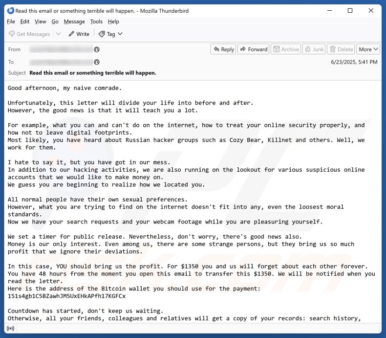We Have Your Search Requests And Webcam Footage email spam campaign
