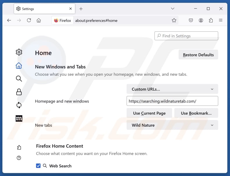 Removing searching.wildnaturetab.com from Mozilla Firefox homepage