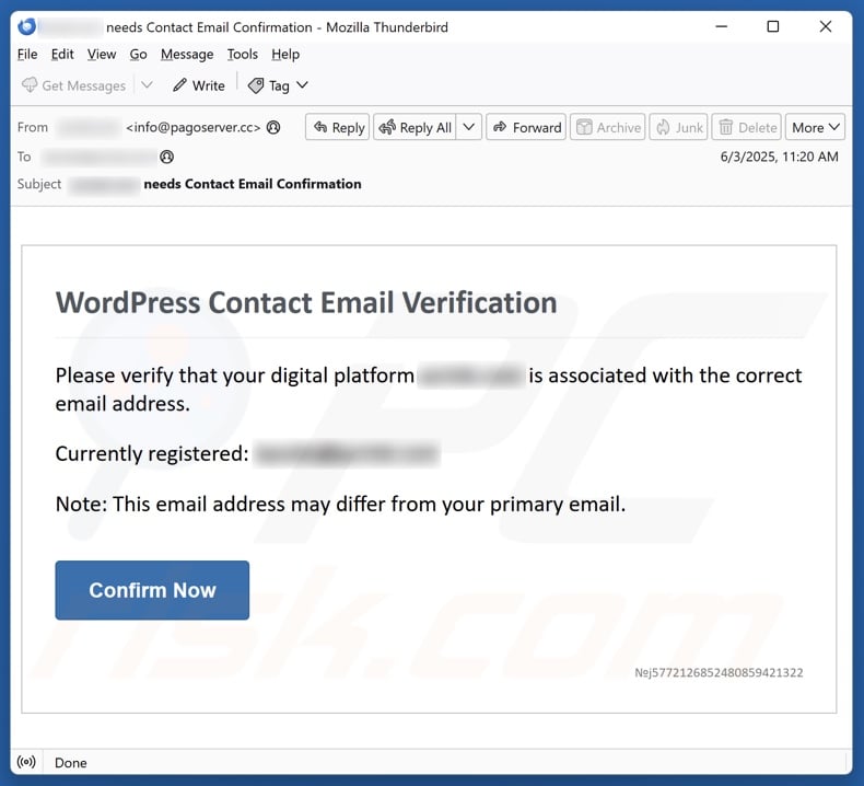 WordPress Contact Email Verification email spam campaign