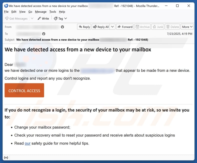 Access From A New Device To Your Mailbox email spam campaign