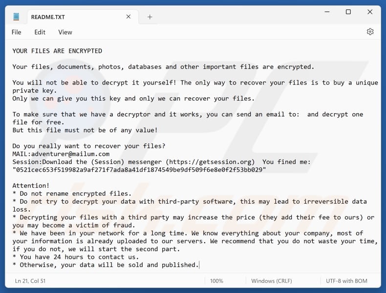 Adventurer ransomware text file (README.TXT)