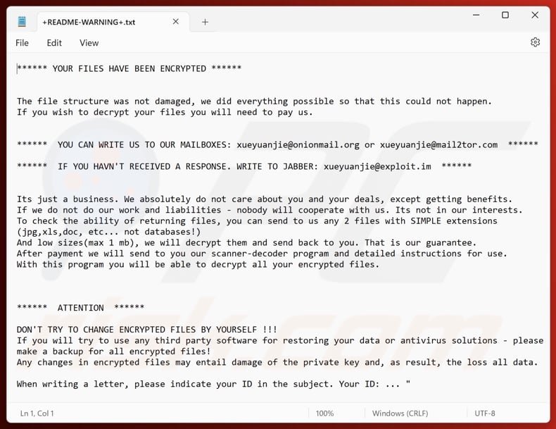 AIR (Makop) ransomware ransom note (+README-WARNING+.txt)