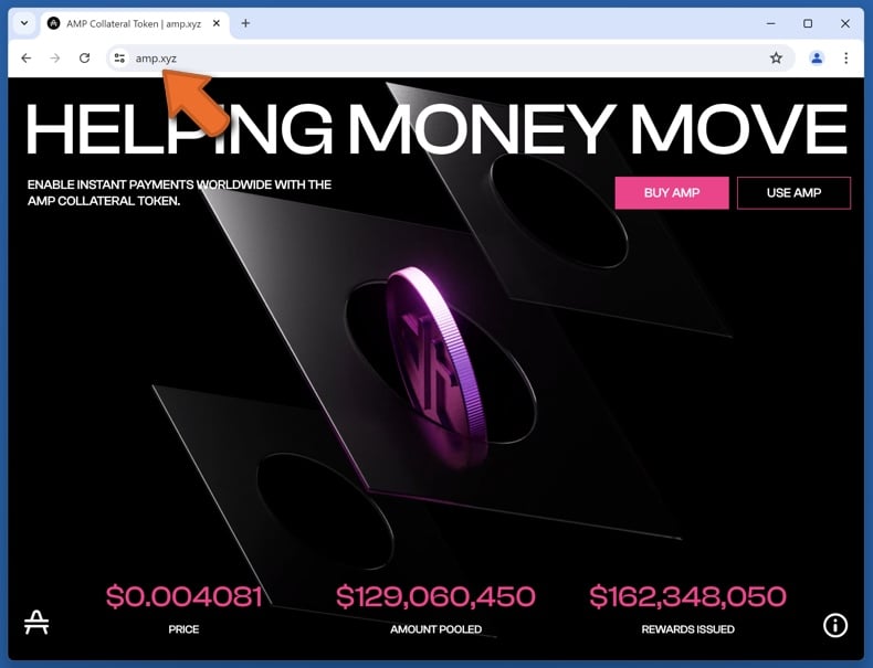 Appearance of the real AMP Collateral Token website (amp.xyz)