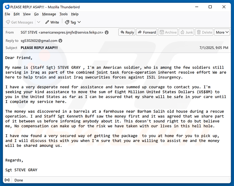 Assistance To Move Funds email scam (sample 7)
