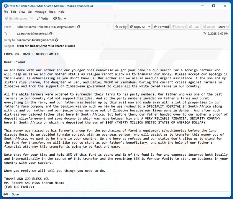 Assistance To Move Funds Email Scam (2025-07-22)