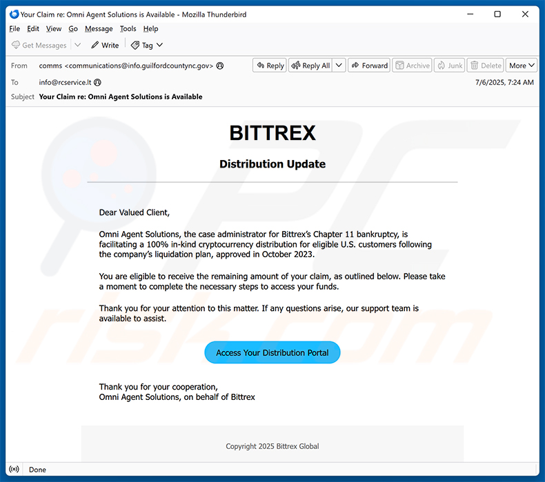 Bittrex Remaining Claim email scam (2025-07-08)
