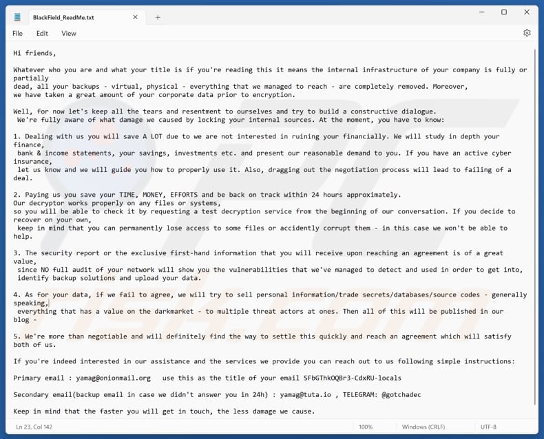 BlackFL ransomware text file (BlackField_ReadMe.txt)