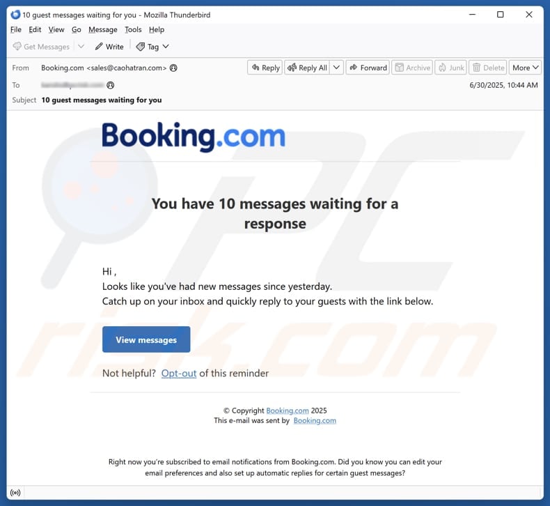 Booking.com - Messages Waiting For A Response email spam campaign