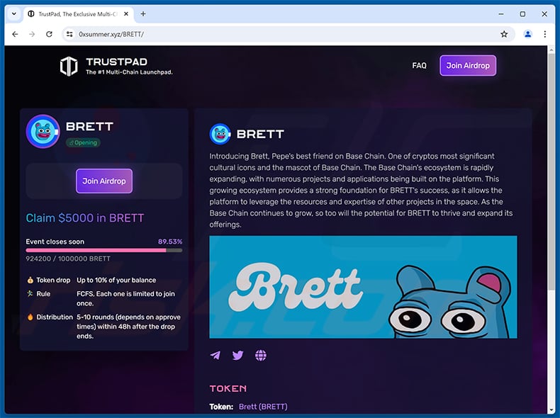 BRETT Airdrop scam website (0xsummer[.]xyz)