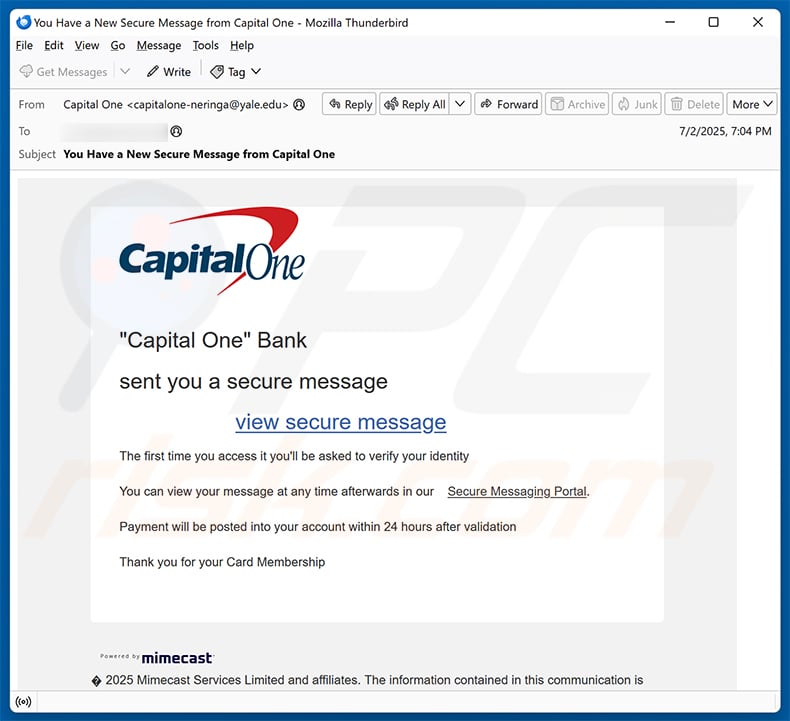 Capital One - Secured Message email scam (2025-07-04)