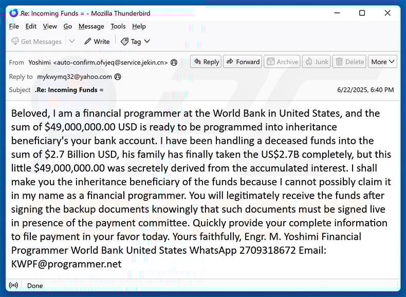 Claim Inheritance Money email scam (2025-07-01)