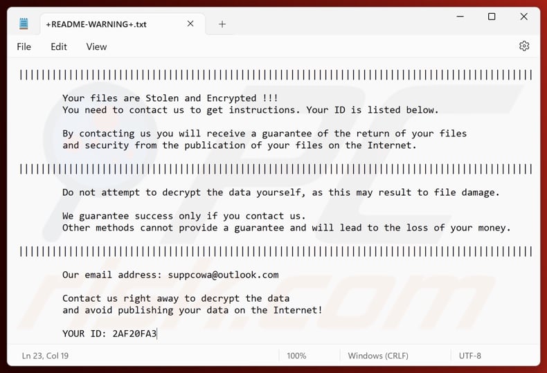 Cowa ransomware ransom note (+README-WARNING+.txt)
