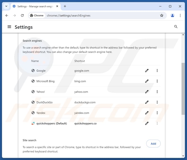 Removing customsearch.quickshoppers.co from Google Chrome default search engine