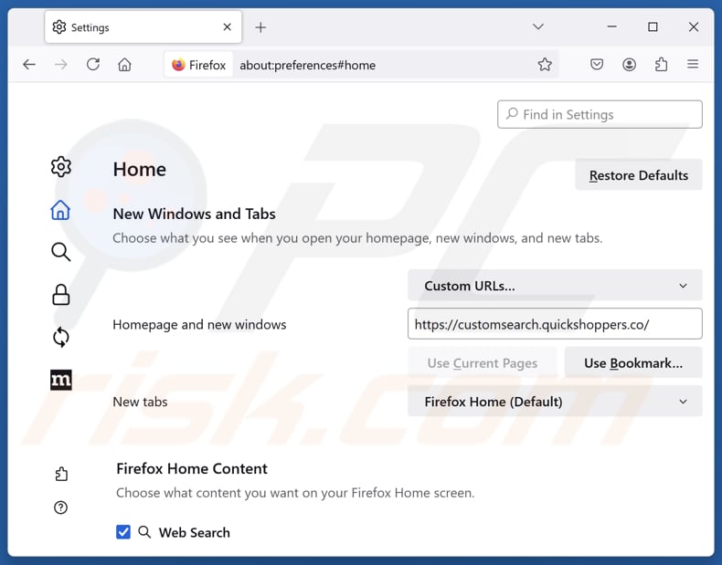 Removing customsearch.quickshoppers.co from Mozilla Firefox homepage
