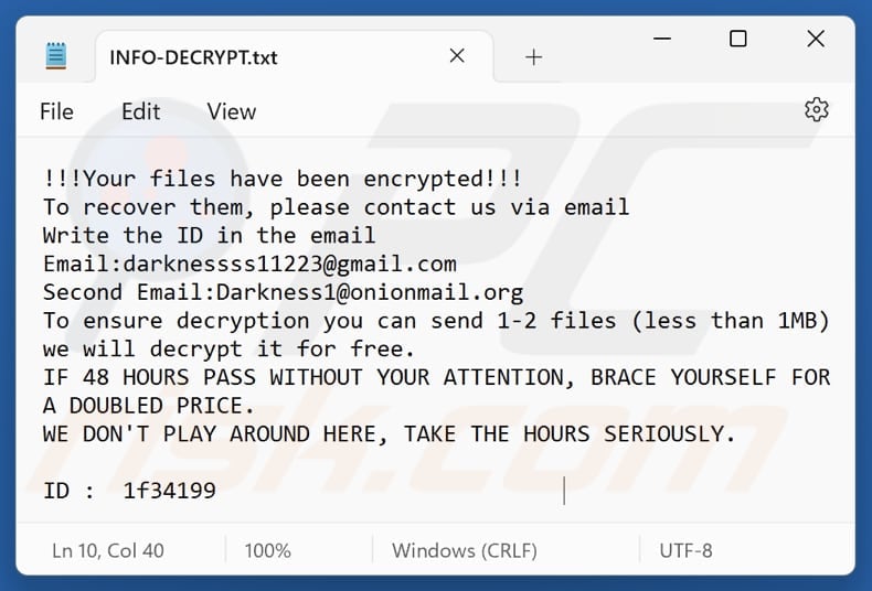 Darkness ransomware text file (INFO-DECRYPT.txt)
