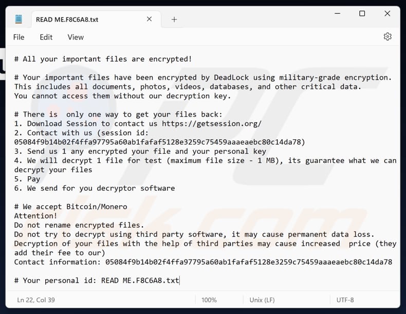 DeadLock ransomware text file (READ ME.victim's ID.txt)