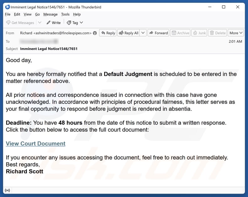 Default Judgement email spam campaign