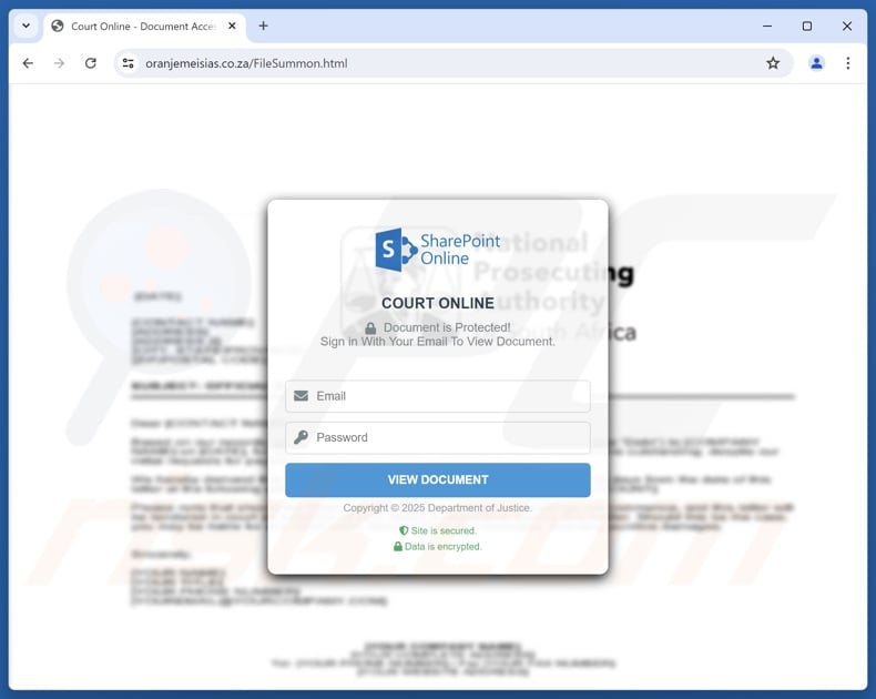Default Judgement scam email promoted phishing site