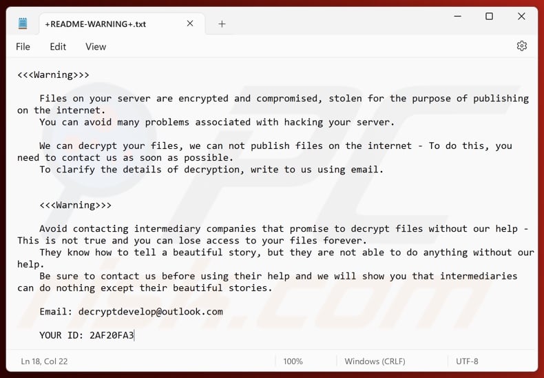 Dev ransomware ransom note (+README-WARNING+.txt)