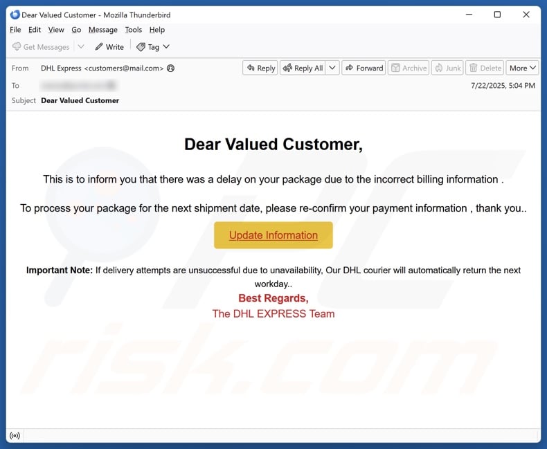 DHL Express - Incorrect Billing Information email spam campaign