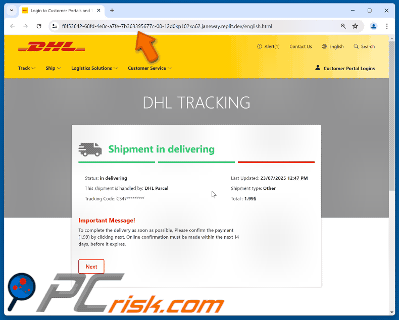 DHL Express - Incorrect Billing Information scam email promoted phishing site (GIF)