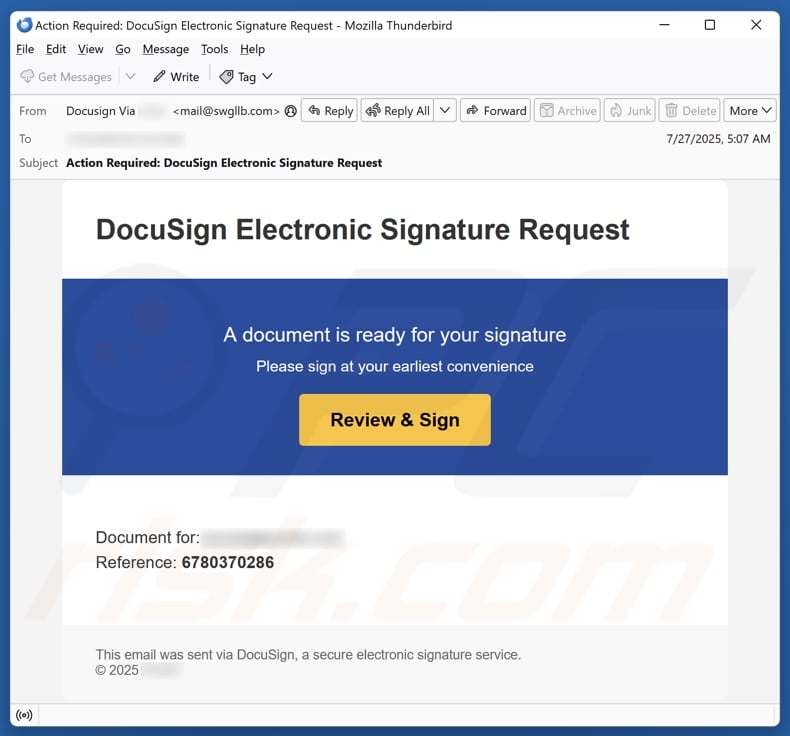 DocuSign Electronic Signature Request email spam campaign