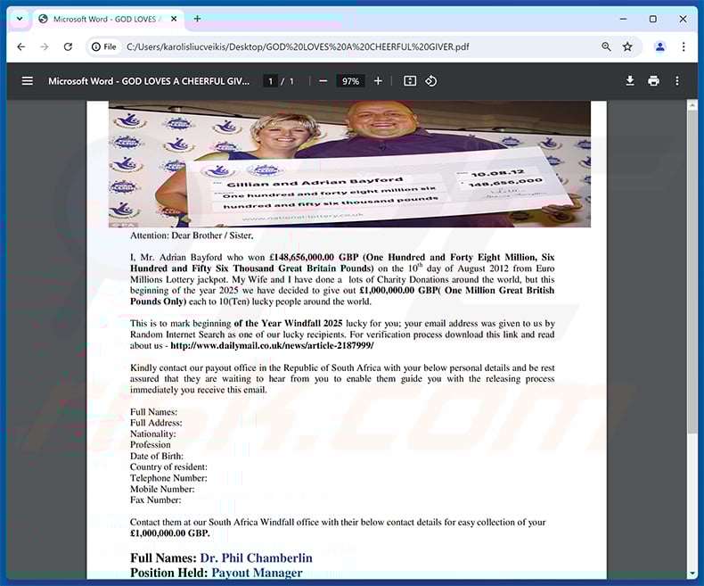 Donation From Lottery Winner email scam (2025-07-24)