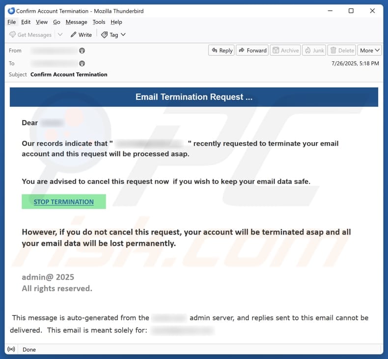 Email Termination Request email spam campaign