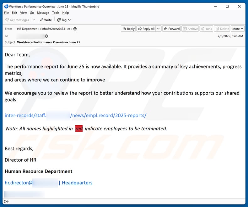 Employees Performance Report Email Scam (2025-07-09)