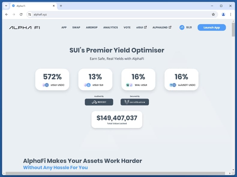 Fake Alpha Fi website real site (alphafi.xyz)