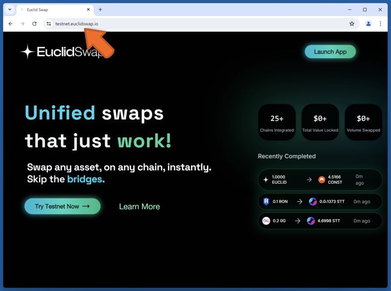 Appearance of the real Euclid Swap website (euclidswap.io)