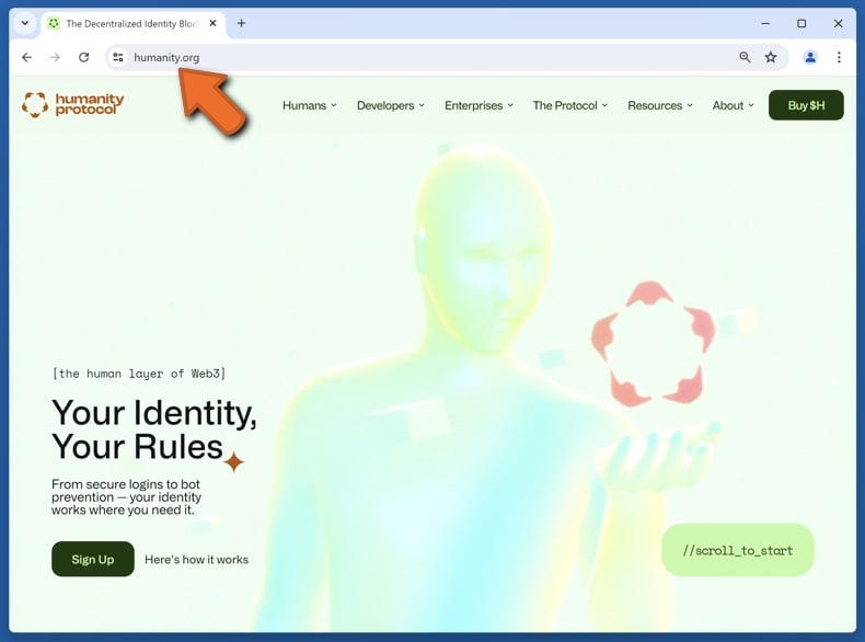 Appearance of the real Humanity Protocol website (humanity.org)