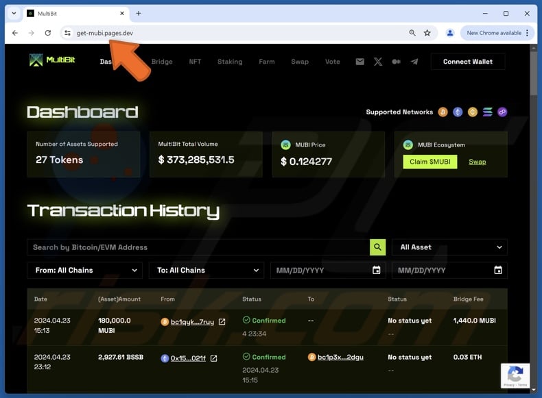 Fake MultiBit Dashboard website