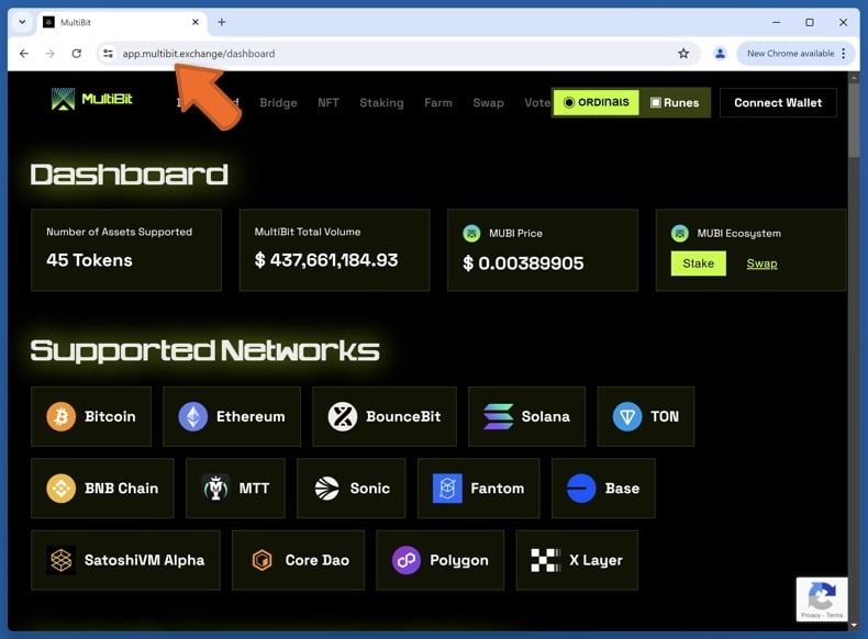 Appearance of the real MultiBit website (app.multibit.exchange/dashboard)