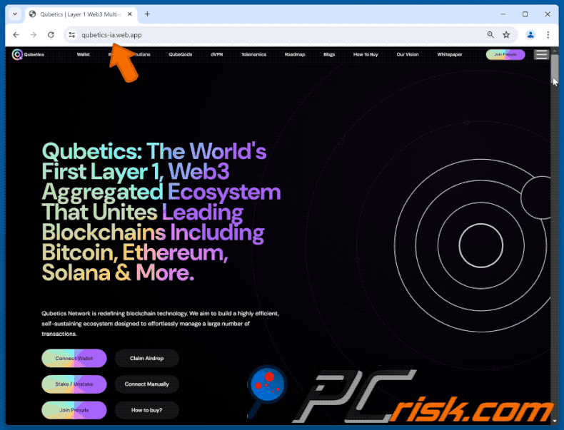 Appearance of the fake Qubetics website (GIF)